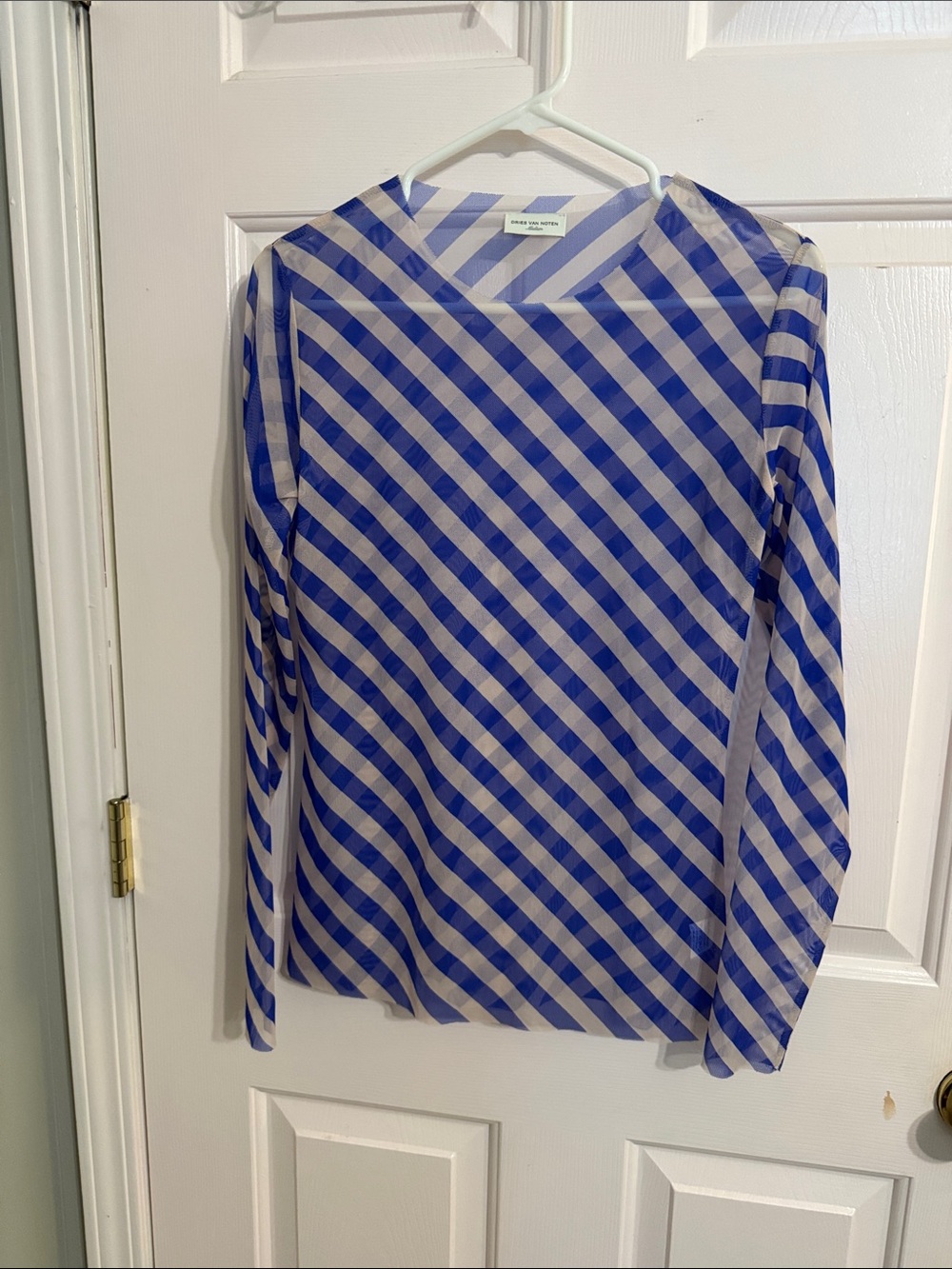 Dries Van Noten Blue and White Diagonal Stripe Long-Sleeve Top